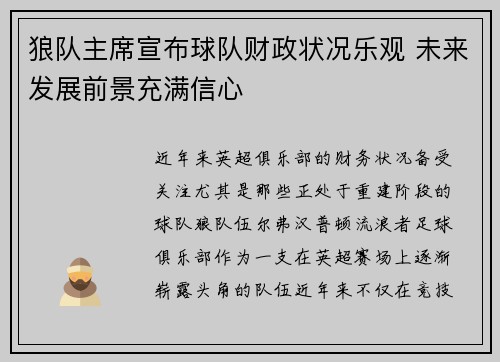 狼队主席宣布球队财政状况乐观 未来发展前景充满信心