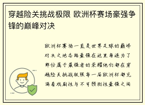 穿越险关挑战极限 欧洲杯赛场豪强争锋的巅峰对决