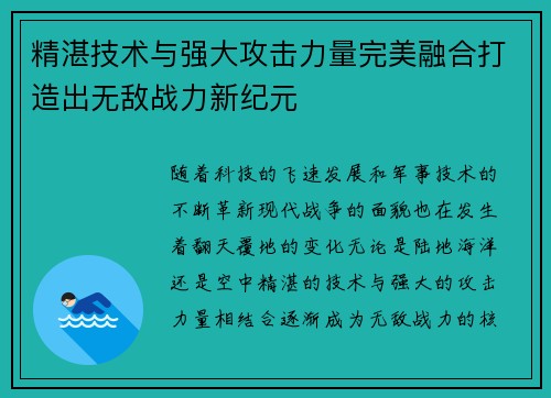 精湛技术与强大攻击力量完美融合打造出无敌战力新纪元